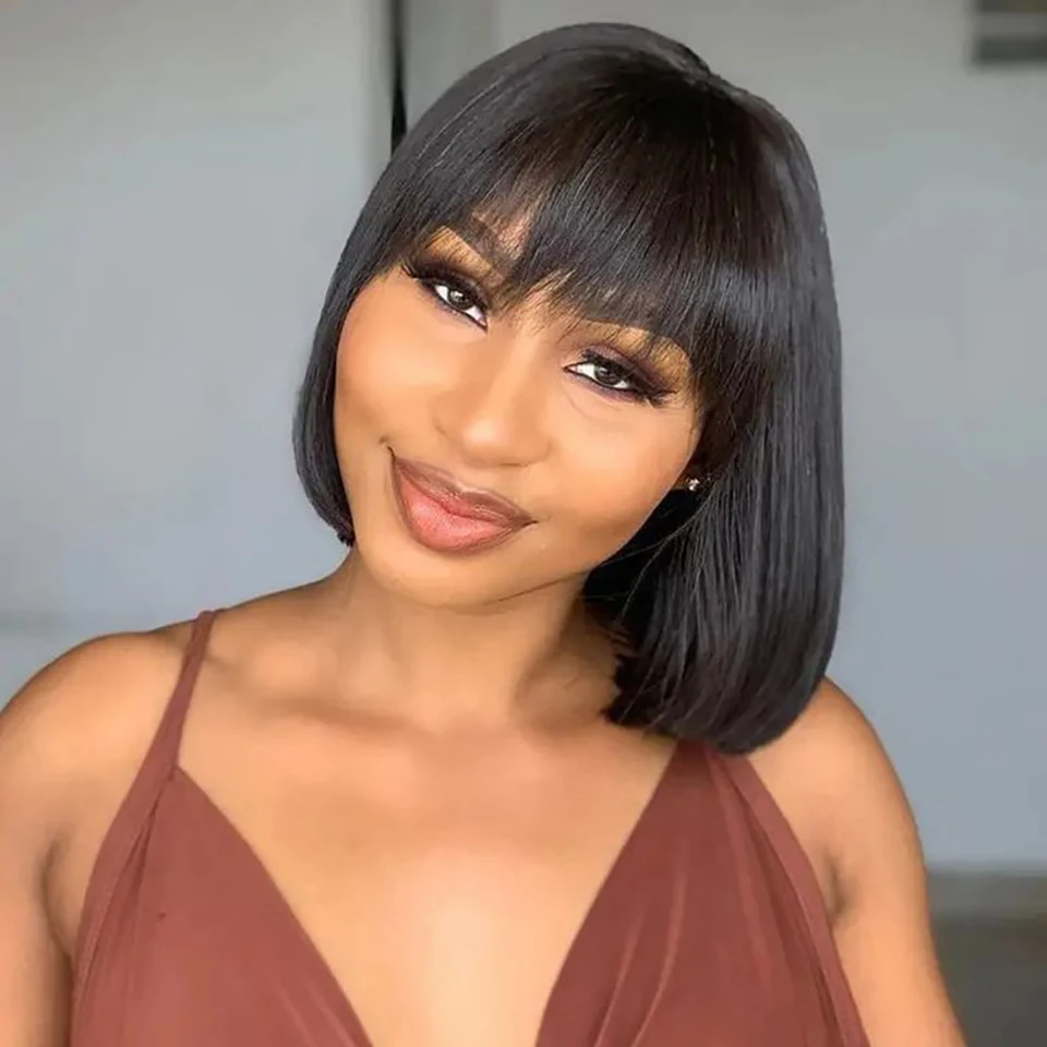 

Short Lace Part Bob Wig Human Hair Wig With Bangs Ombre Highlight Brown Brazilian Wear to Go Straight Lace Bob Wigs for Women