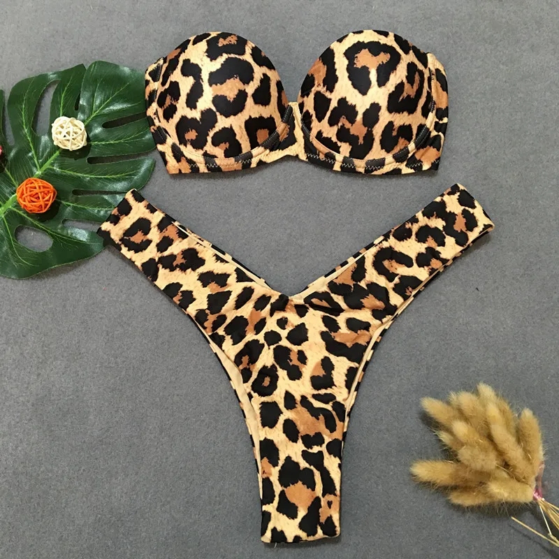 Bikini de leopardo con realce para mujer, traje de baño Bandeau Sexy con Tanga, conjunto de ropa de playa, traje de baño para piscina, 2023