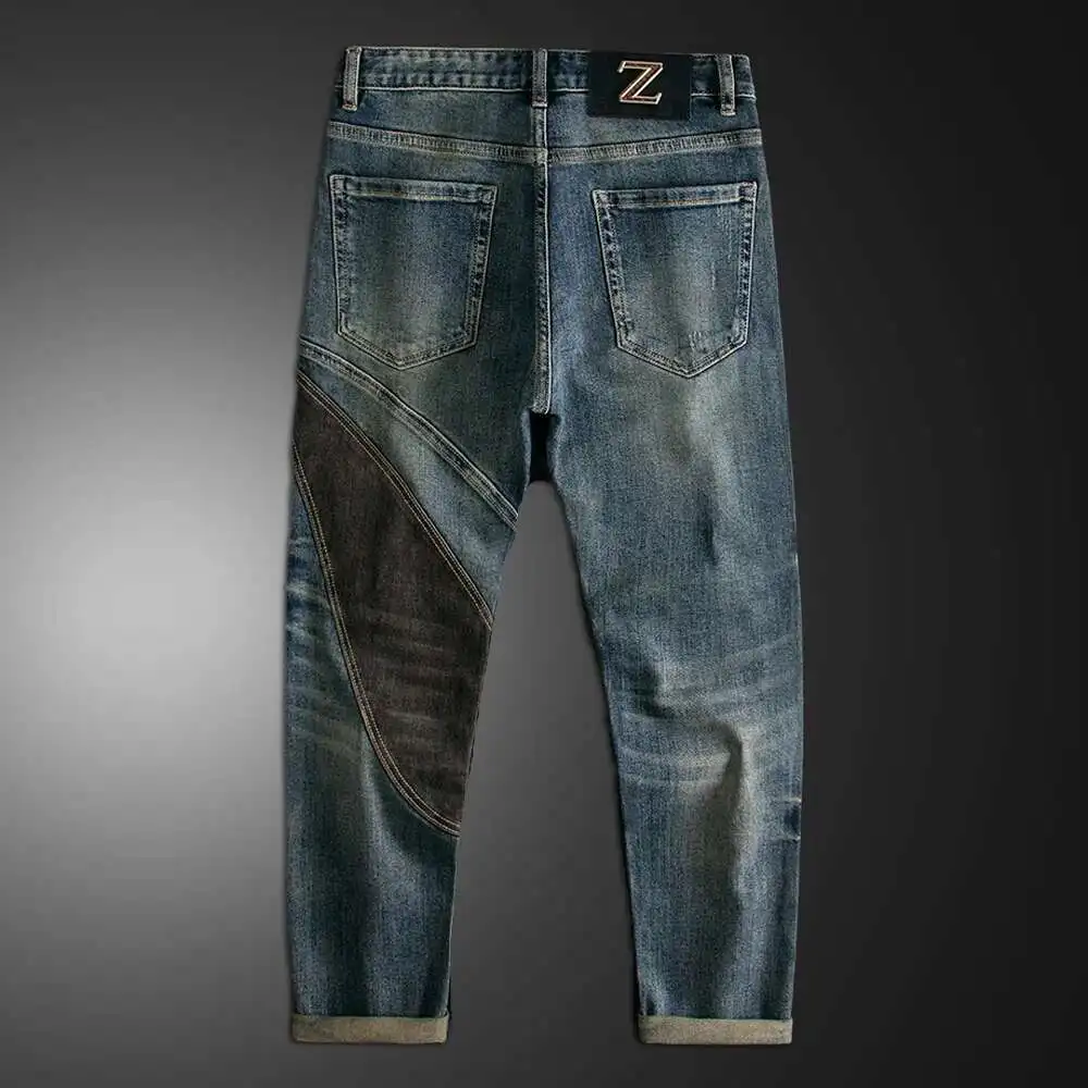 Street Contrast Stitching Biker Pant Jean Blue Motorcycle Pants Punk Denim Long Pants Patchwork Designer Jeans Moda Hombre 2024