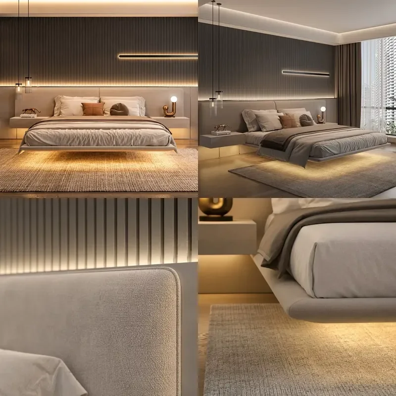Modern Velvet Floating Bed LED Light Strip Low Profile Headboard Platform Bed Hotel Apartment Bedroom Furniture