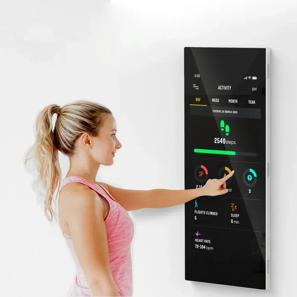 Wall-mounted smart fitness mirror with integrated display - a home indoor touch control fitness mirror for the whole family