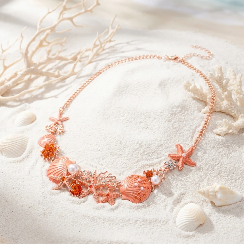 Sommerliches orangefarbenes Emaille-Schmuckset mit Seestern, Muschel und Koralle für Damen – Übertriebener Metall-Ozean-Charm-Schmuck als Geschenk – Detail 5