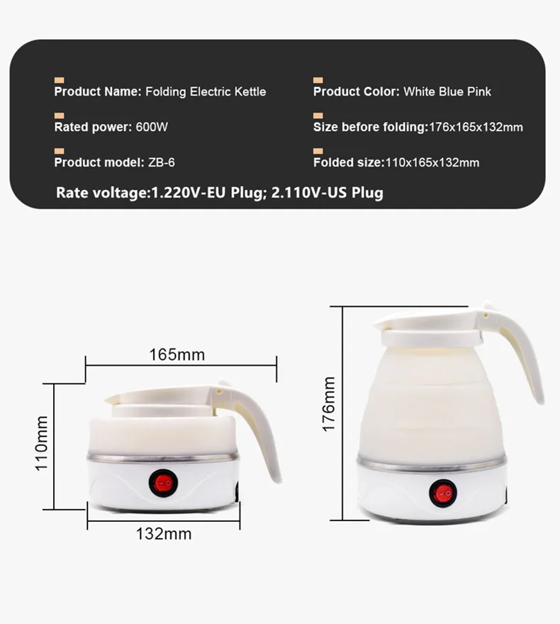 JFBONIN 0.6L Mini Folding Kettle Portable Water Heater 600W Silicone Compression Electric Kettle Home Kettle Easy To Travel