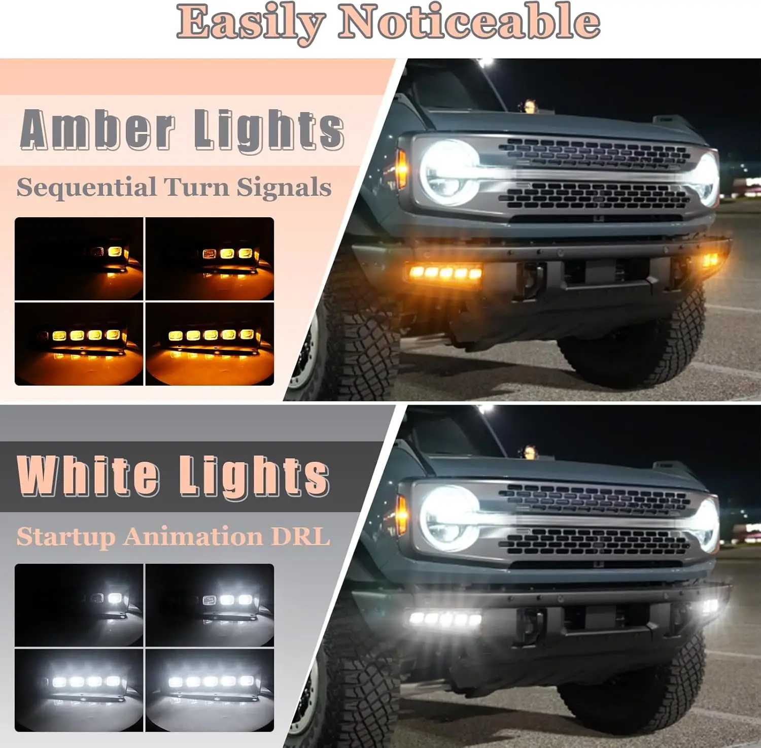 

Car Hood Lights for 2024 Ford Bronco Accessories 2025 2021-2023 LED Fog Lights with Amber Turn Signal DRL 2/4 Door (with 5 LEDs)