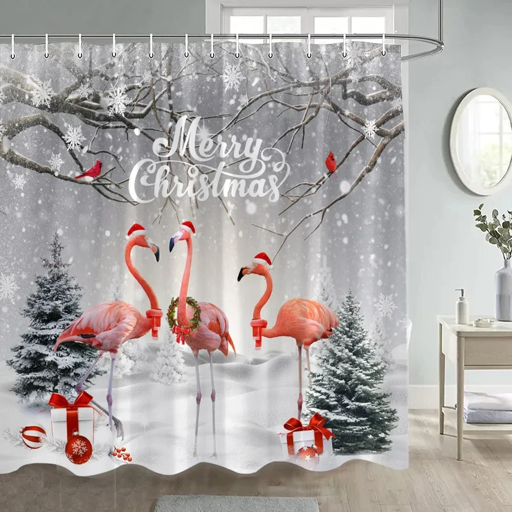 Funny Flamingo Christmas Shower Curtain Winter Forest Cedar Snowflake Nature Snow Scene New Year Xmas Bathroom Decor With Hooks