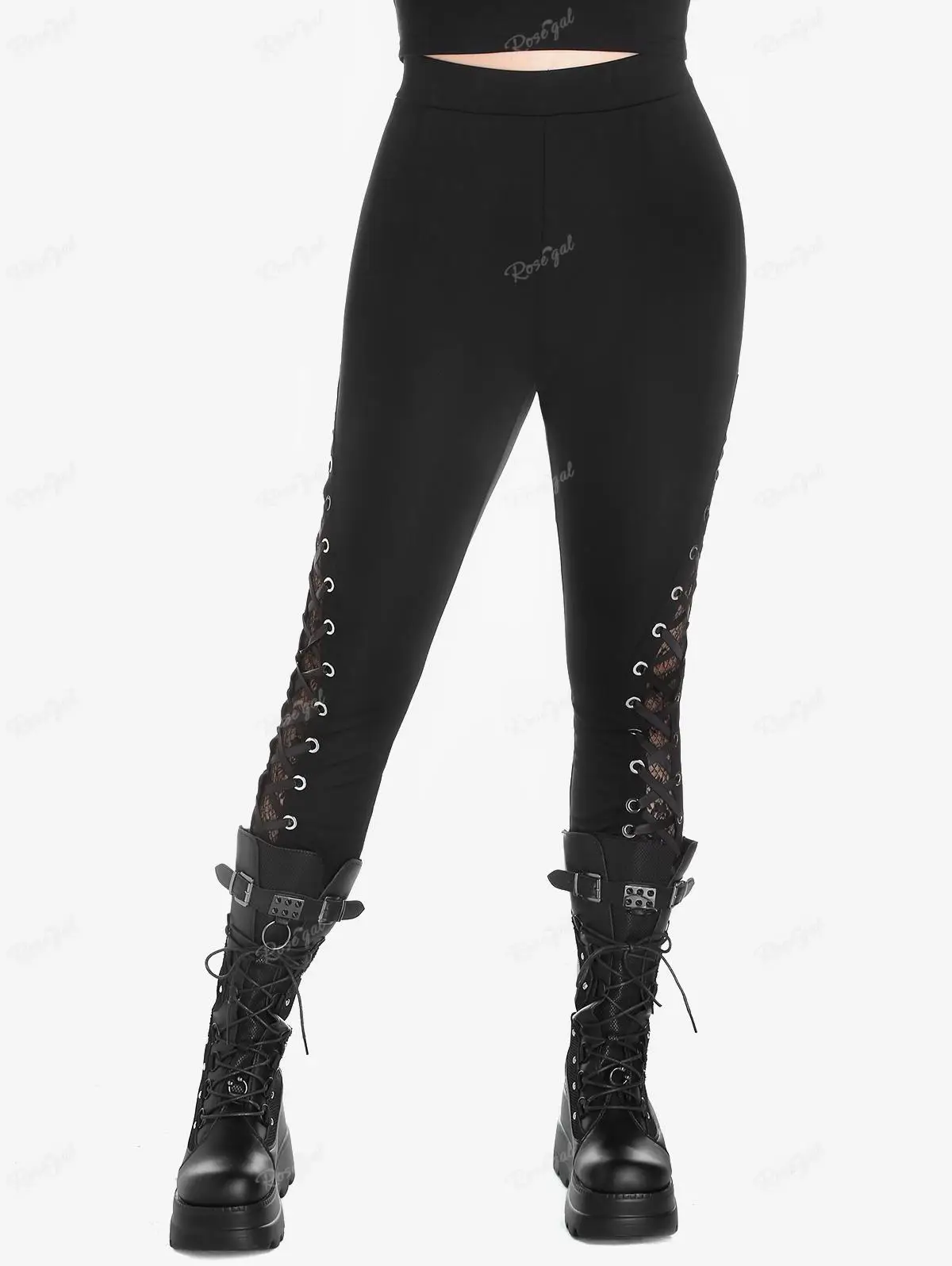 ROSEGAL Plus Size Gothic Colorblock Mesh Overlay Lace-up Zippered Skinny Pants Black Women\'s Slant Pocket Trousers Mujer 4XL