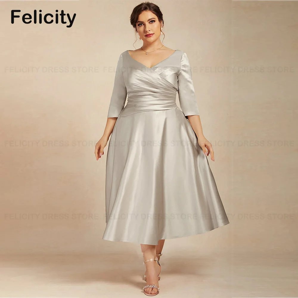 FELICITY Plus Size Vestidos para Mujer Elegantes 2024 A-line V-Neck Mother of the Bride Dress Satin Pleat Wedding Party Dresses