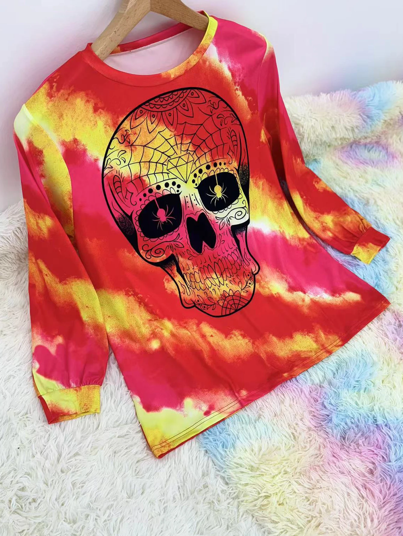 Plus Size Halloween Print Tie Dye T-Shirt Casual Long Sleeve Crew Neck Top Suitable for Spring and Autumn