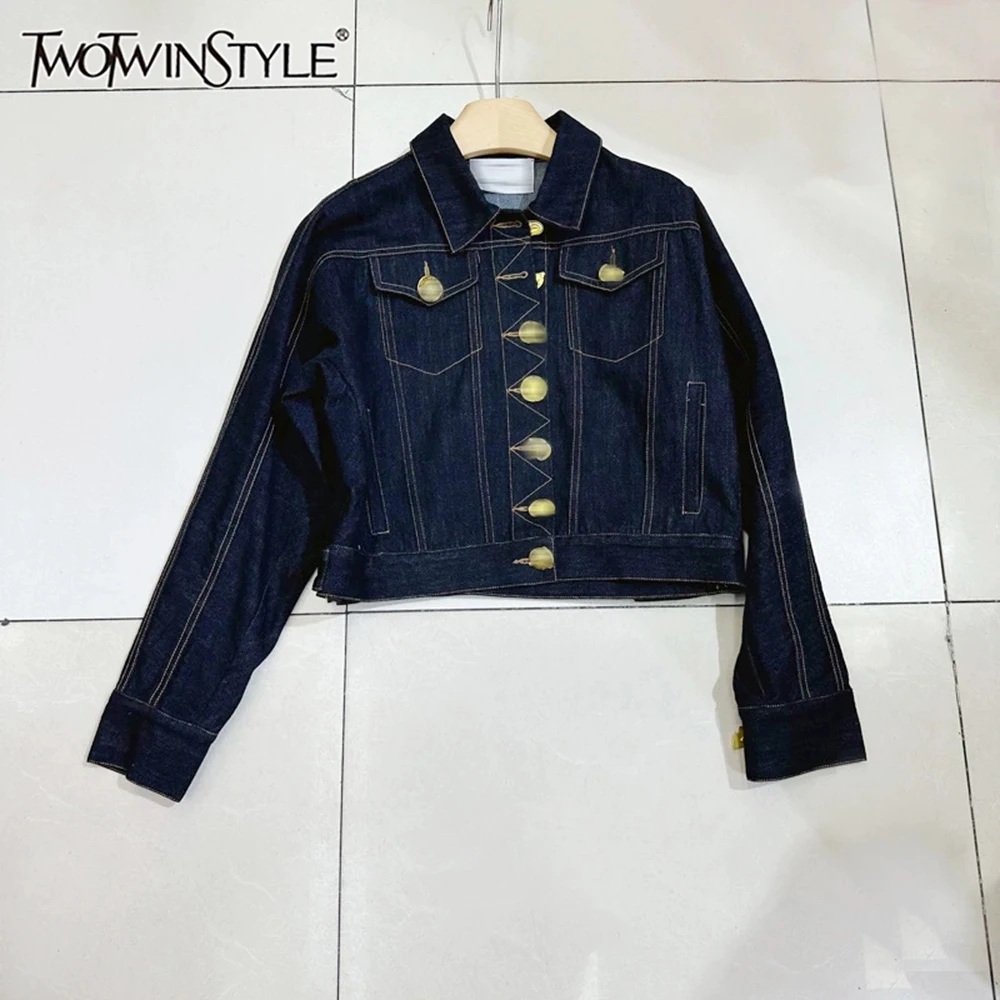 TWOTWINSTYLE Casual Slimming Spliced Button Denim Coats For Women Lapel Long Sleeve Temperament Jacket Female Style KJA539178