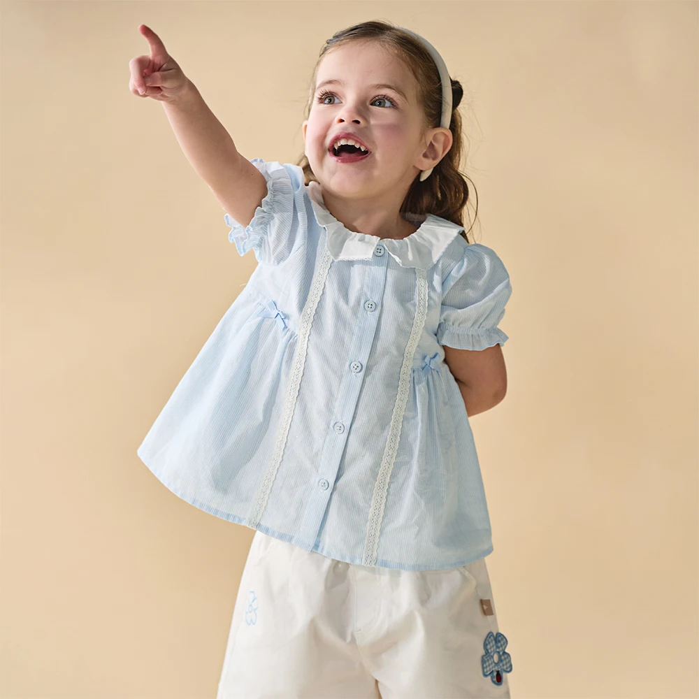 Dave Bella Children Summer Shirt Girls Cotton Short Sleeve Blouse 1-7 Years Cute Casual Stripe Tops Kids Clothing DB2261521