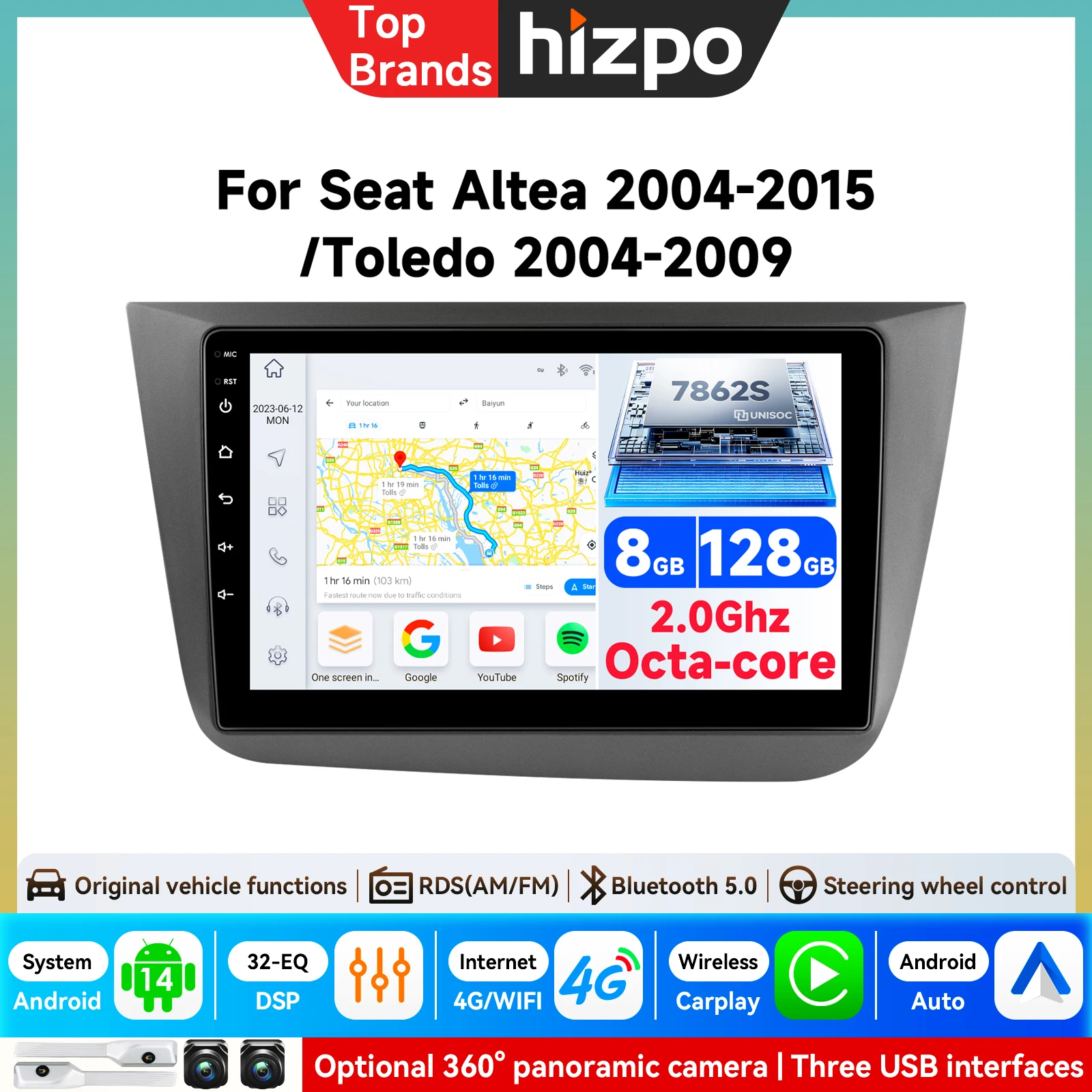 HIZPO Autoradio Android 9'' per Seat Altea XL Toledo 2004 - 2015 Lettore Multimediale GPS Navigazione Carplay Schermo Touch QLED Stereo Auto