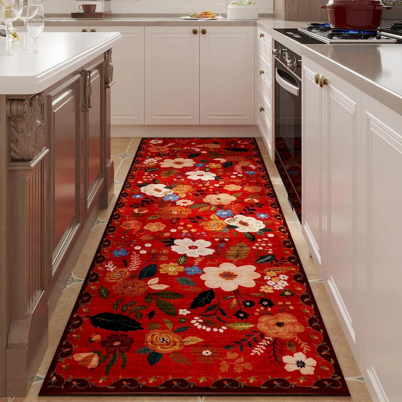 VIKAMA Retro Folk Art Flower Carpet Anti Slip Retro Flower Corridor Carpet Kitchen Farmhouse Home Decoration