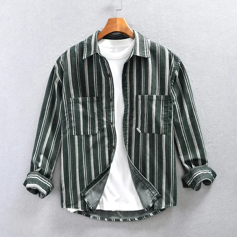 

Весенне-осенние мужские рубашки с длинным рукавом, повседневные свободные рубашки, мужские японские винтажные полосатые рубашки, 4XL, топ с двойными карманами и лацканами
