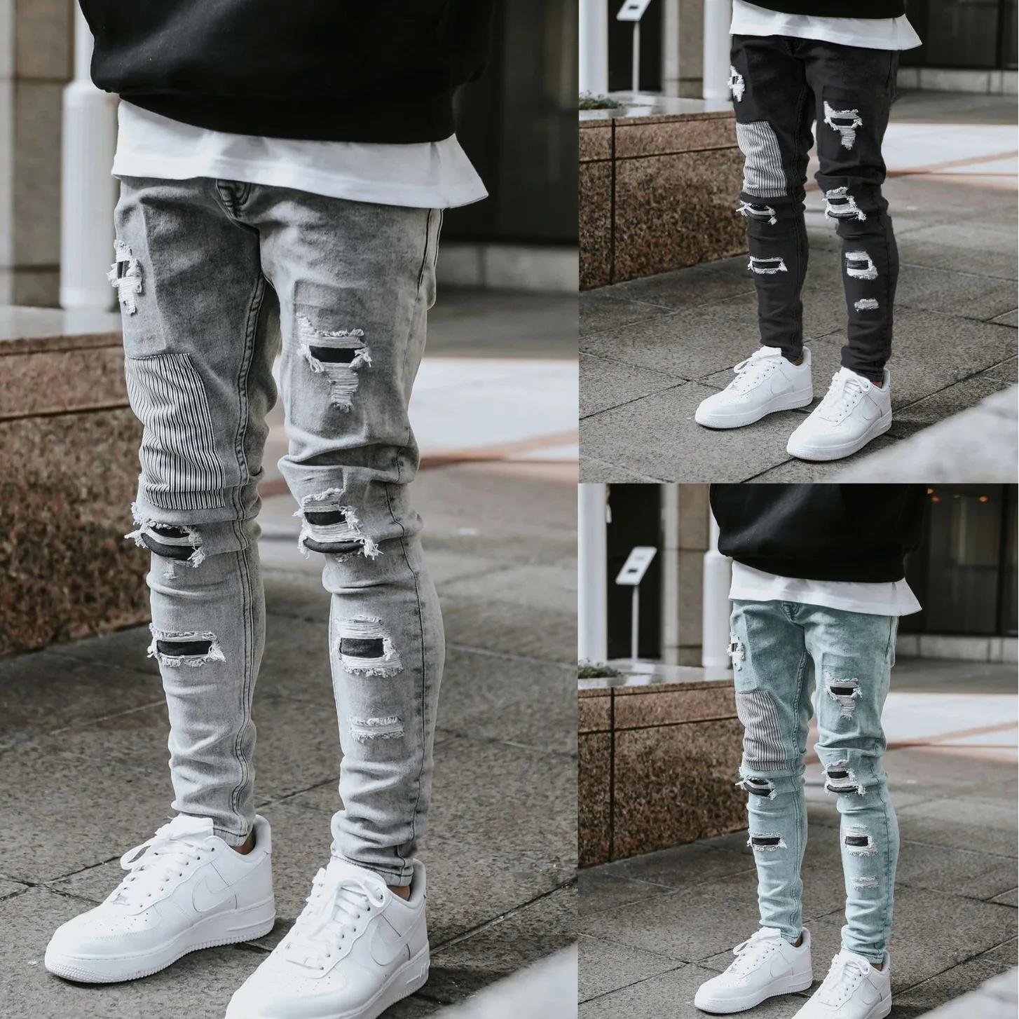 

Autumn and Winter Mens Distressed Slimming Tight Jeans Patch Leggings