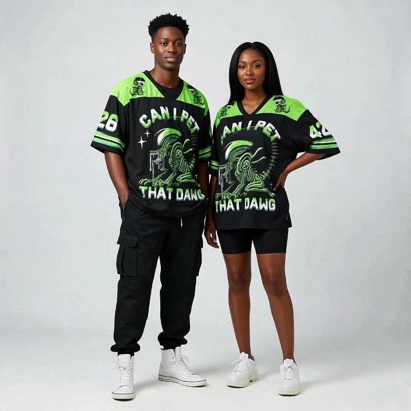 Family Jersey Alien Monster Football Jersey Mesh Short Sleeve Shirt Sci-Fi Print Streetwear Halloween Cosplay Parent Kid Outfit