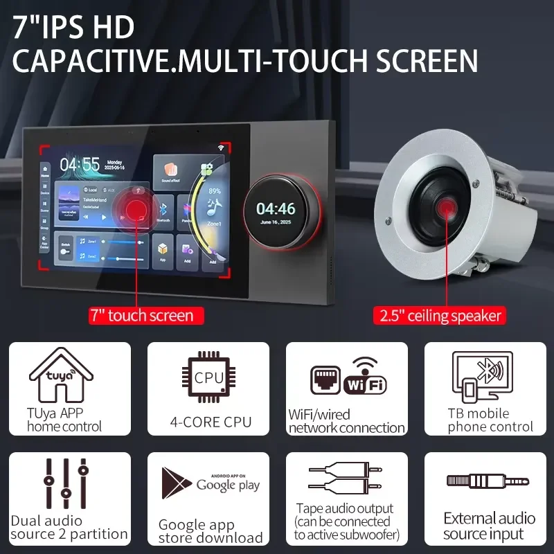 for Tuya Smart Home Background Music System 8x25W Super Ceiling Speaker Intelligent 7 Inch Central Control Panel Wall