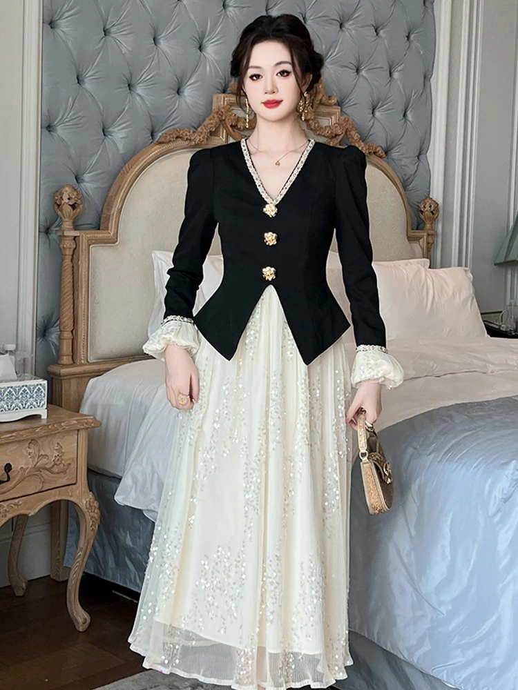 ملابس النساء في الشارع ريترو وهمية 2 قطعة أسود الخامس الرقبة سليم ميدي ألف خط فستان أنيق فاخر سيدة موضة حفلة موسيقية Vestidos رداء