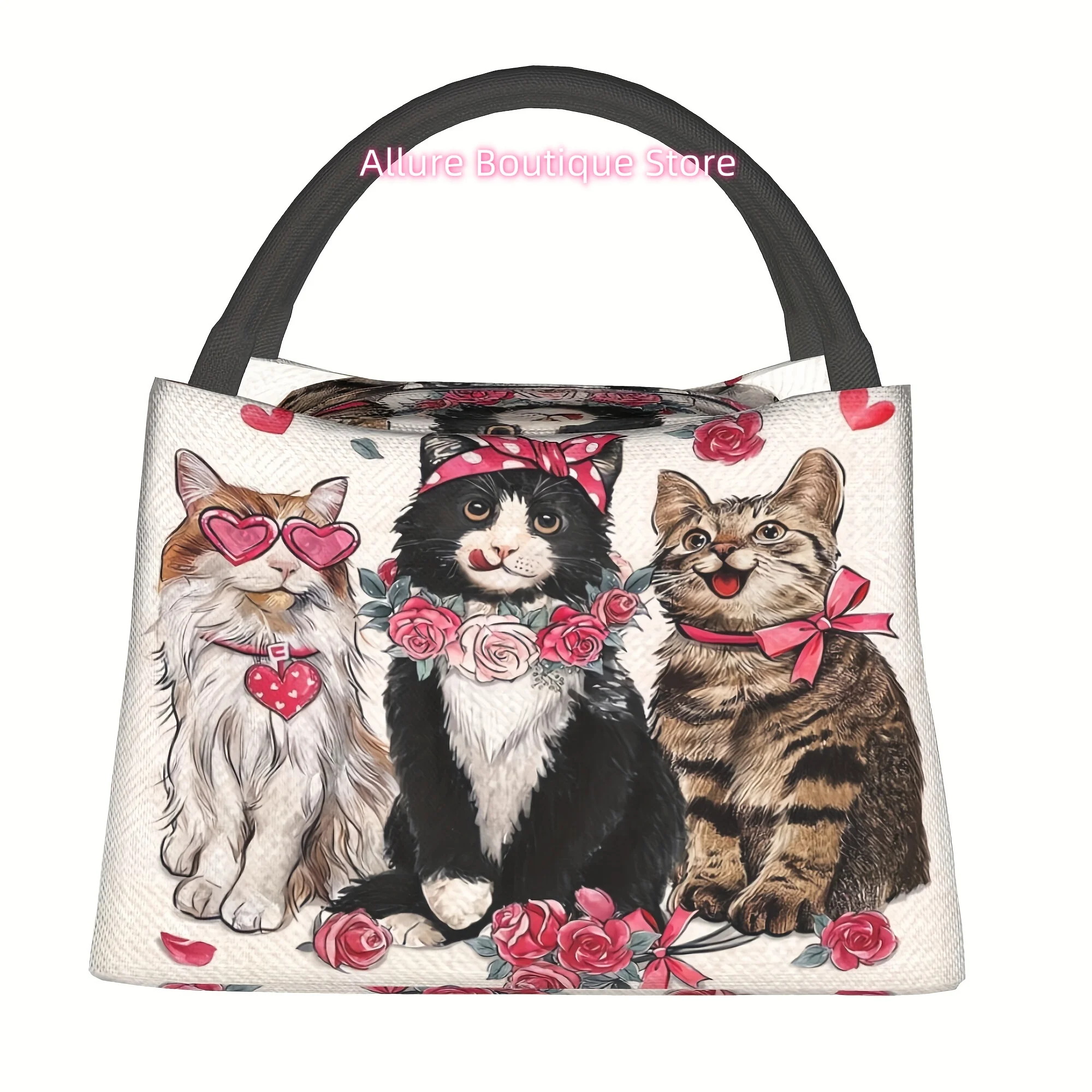 Happy Valentine's Day, Cute Cat Pattern, Portable Reusable Cooler Bag, Insulated Lunch Bag, Essential for Camping Picnic Beach,