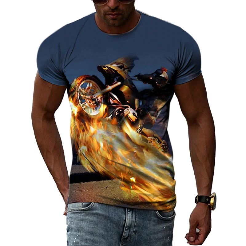 Camiseta con estampado de motocicleta para hombre, camisa informal de manga corta con cuello redondo y personalidad, de gran tamaño, a la moda,