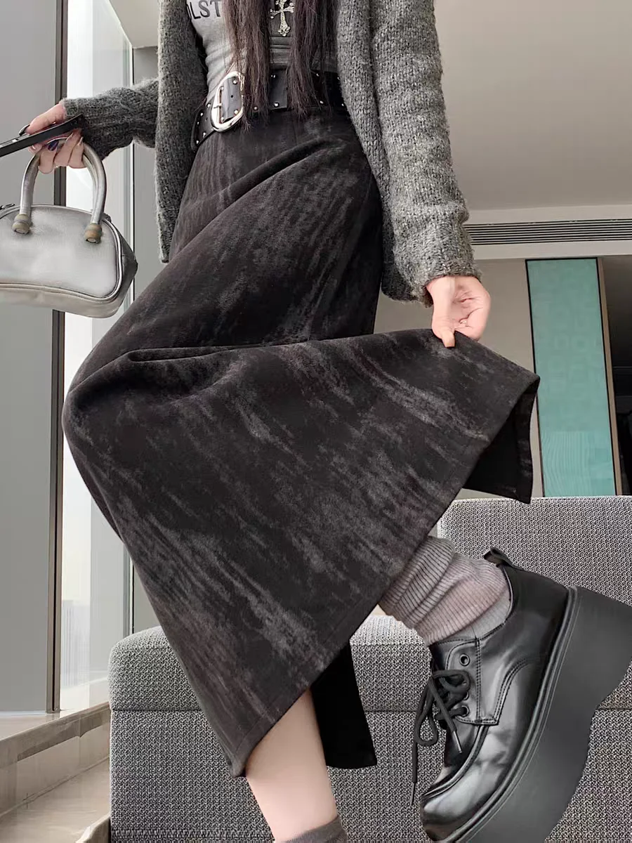 Gonna tubino in velluto tie-dye con gonne midi a trapezio a vita alta con spacco alto per donna, elegante gonna aderente autunno inverno