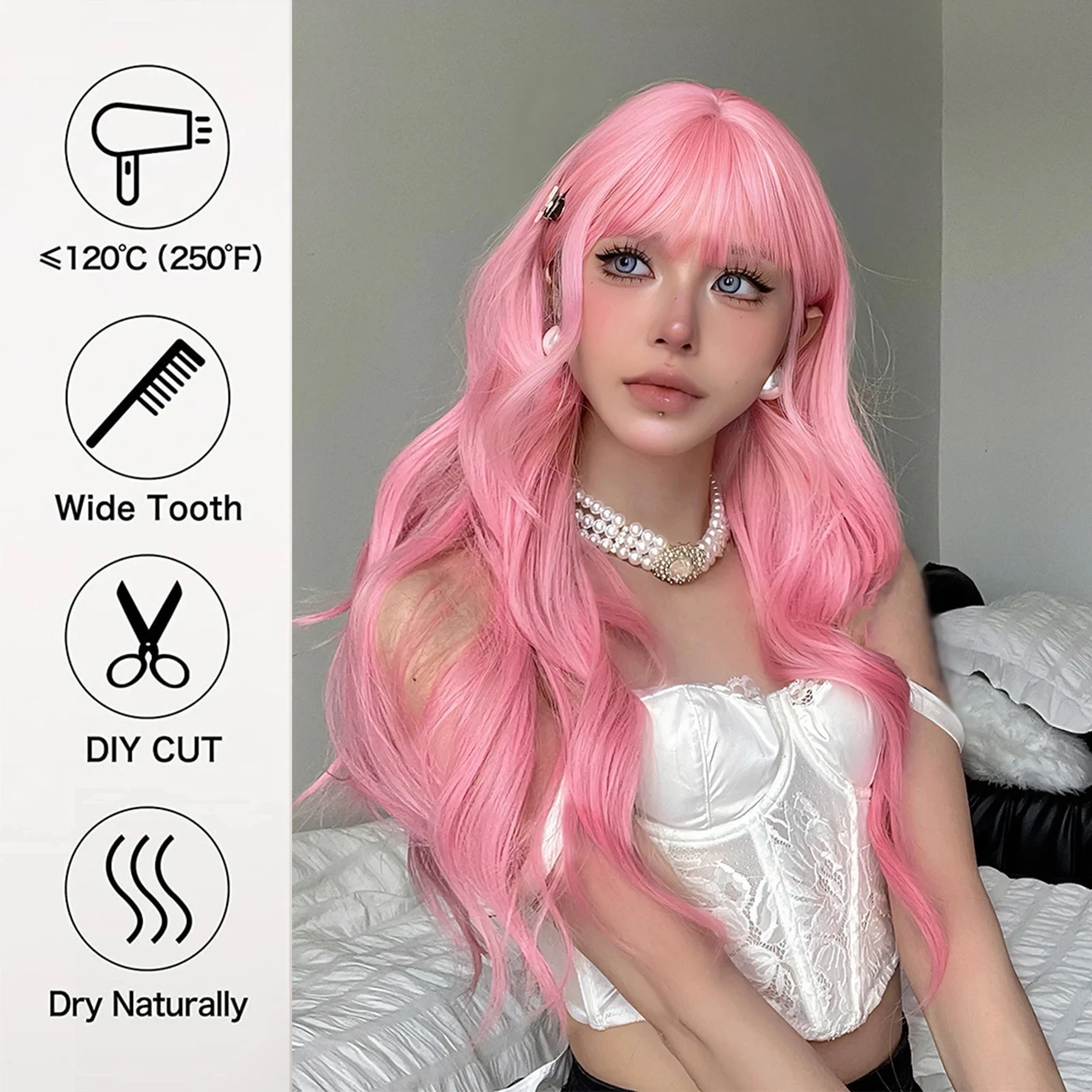 Pink synthetic wig with big waves for Halloween party, cosplay wig, daily wig, high-temperature hair accessory wig set image 4