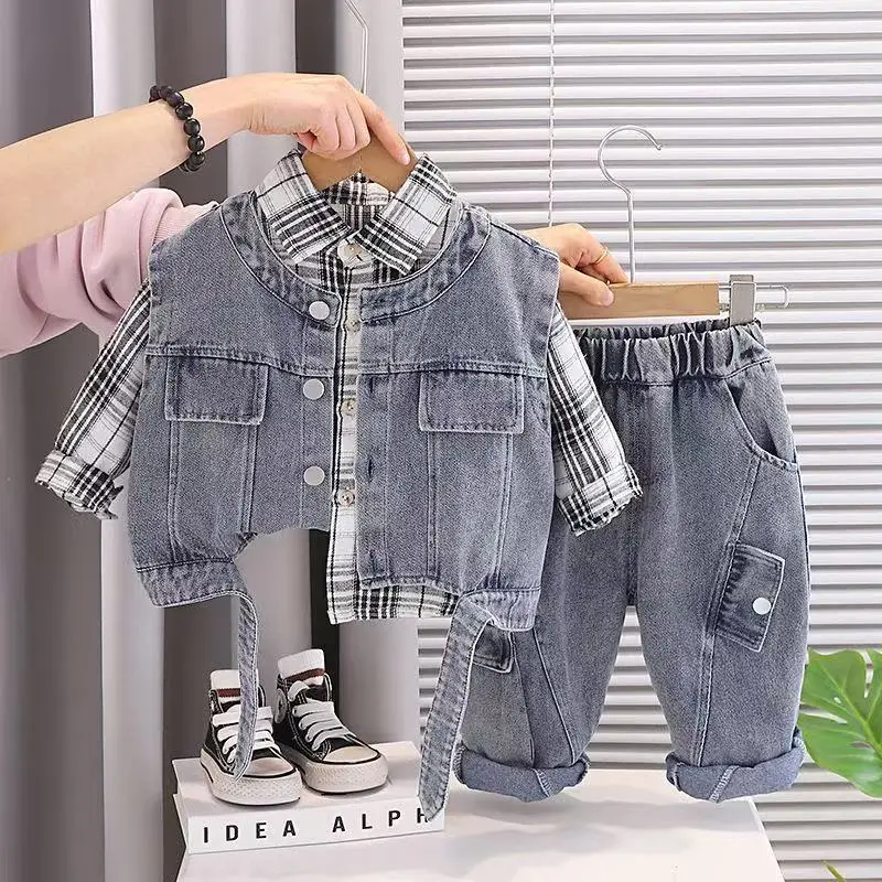 

Baby Boy Spring Autumn Clothes Kids Outfit Set New Children's Fashion Vest+Plaid Shirt+Pants Casual Three Piece Set 80-120cm