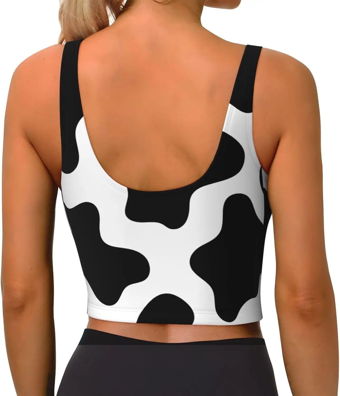 Black Cow Print Women Scoop Neck Sports Bras Removable Pads Yoga Gym Top U Back Fitness Tank Tops Sleeveless Athletic
