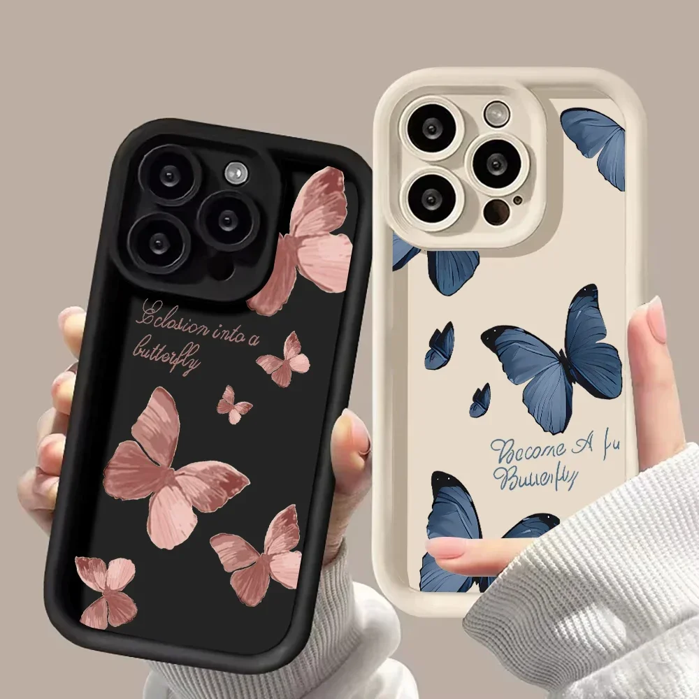 INS Retro Butterfly Silicone Phone Case For iPhone 16 11 12 13 14 15 Pro Max Plus XS X XR SE 2020 Shockproof Bumper Back Cover