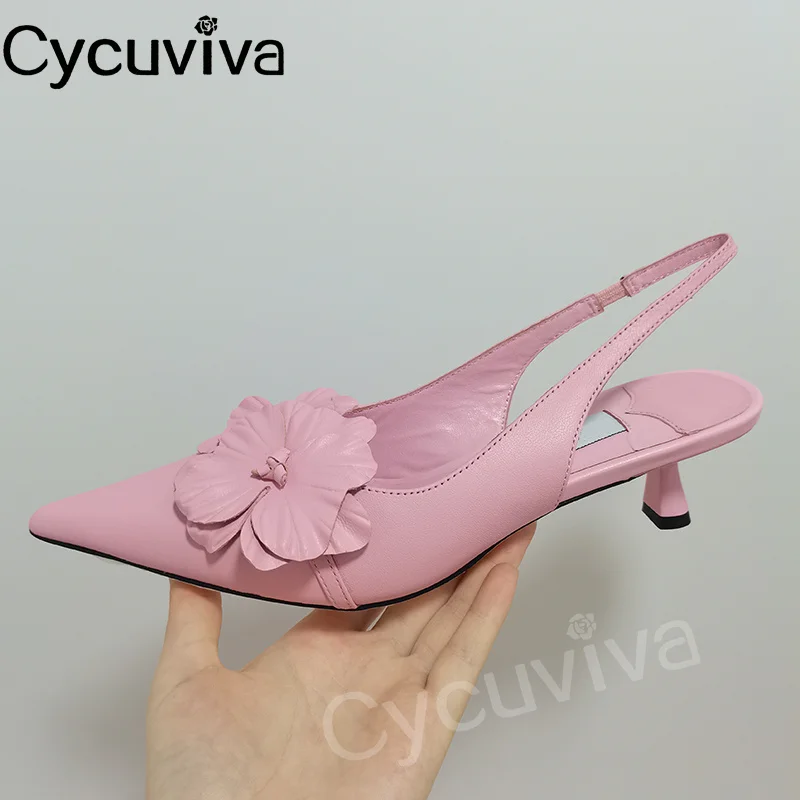 

Designer Flower Slingback Pumps Summer Brand Kitten Heel Sandals Women Point Toe Leather Dress Shoes For Woman Sandalias Mujer