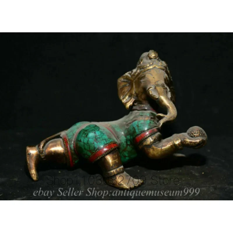 

6 Inch Old Tibetan Bronze Turquoise Inlaid Gem Ganesh Lord Ganesha Elephant God Buddha