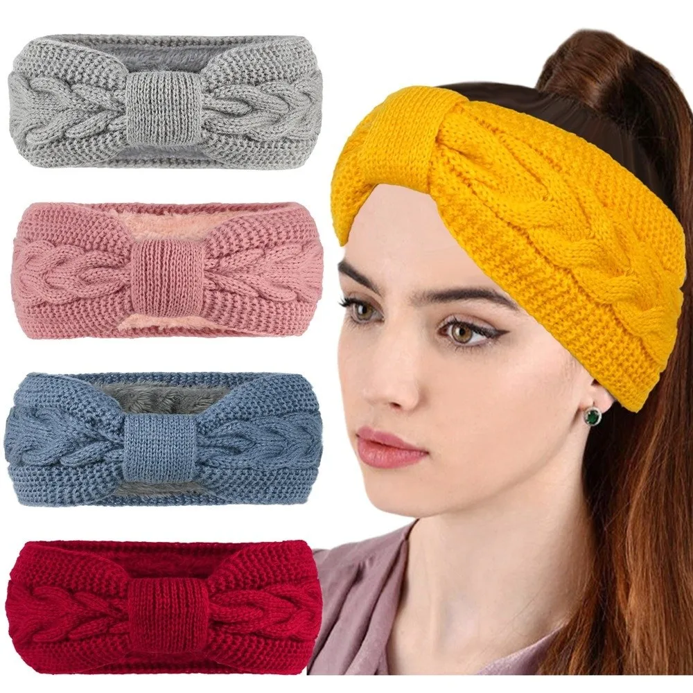 الشتاء محبوك النساء Headbands رشاقته صوف مبطن الكروشيه عمامة دافئة الملتوية معقود الأذن أدفأ إكسسوارات الشعر