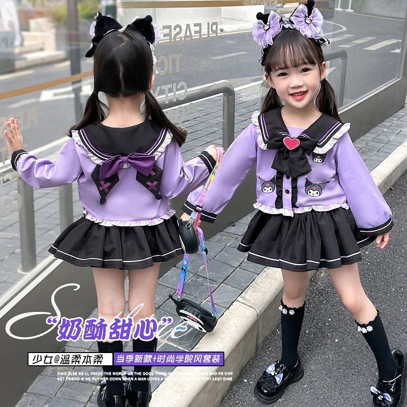 Sanrio Kuromi Girls Lolita Long Sleeves Short Skirt Suit Jk Uniform Suit Birthday Party Dress Spring Autumn Children's Clothing