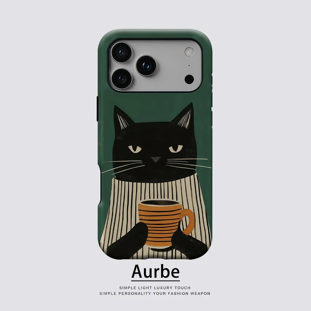 Aurbe Matte 2-in-1 Film Magsafe Hülle für iPhone 17 16 15 14 Plus 17 Pro Max Stoßfeste Hartschale Gestreiftes Hemd Kaffeekatzen-Design