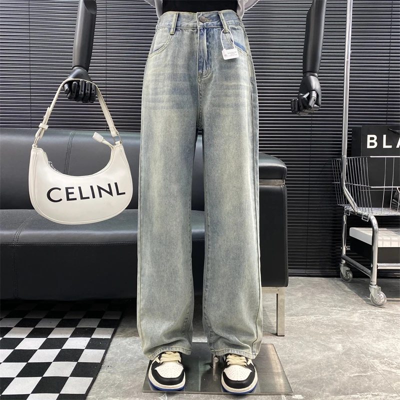 

New 2022 Designer new style Famous brand High waist Wide leg jeans Hong Kong Style Retro washed Blue denim pants