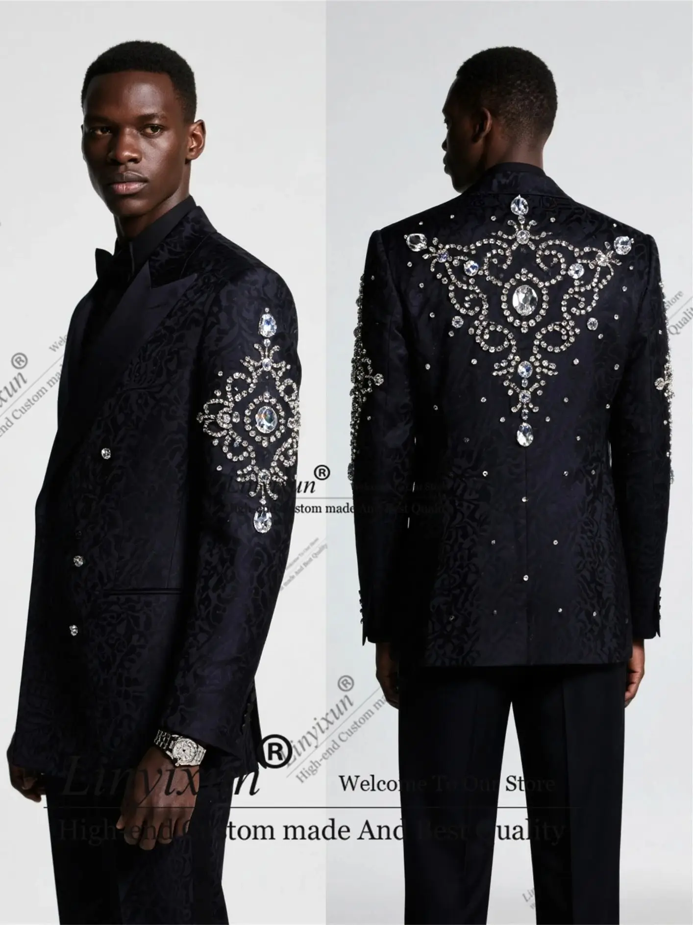 

Luxurious Diamond Jacquard Design Men Suit Peaked Lapel Ropa hombre Customized Slim Wedding Tuxedos 2 Pieces Groom Male Blazers