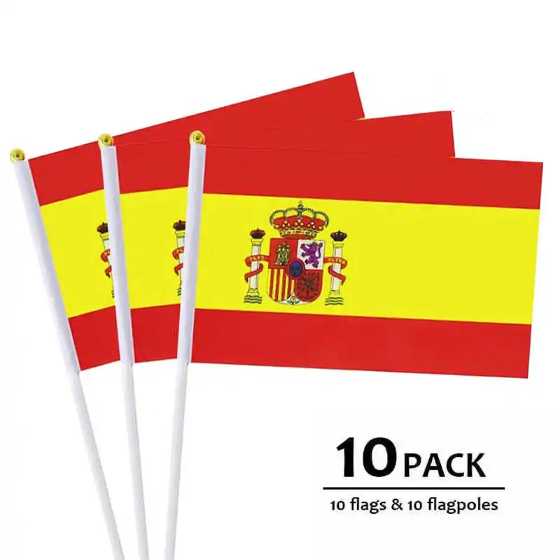 10 Pack Spanish Flag Spain Banner With Flagpoles Small 14x21cm Handheld Espanol Flags For Decoration Celebration Parades Sports