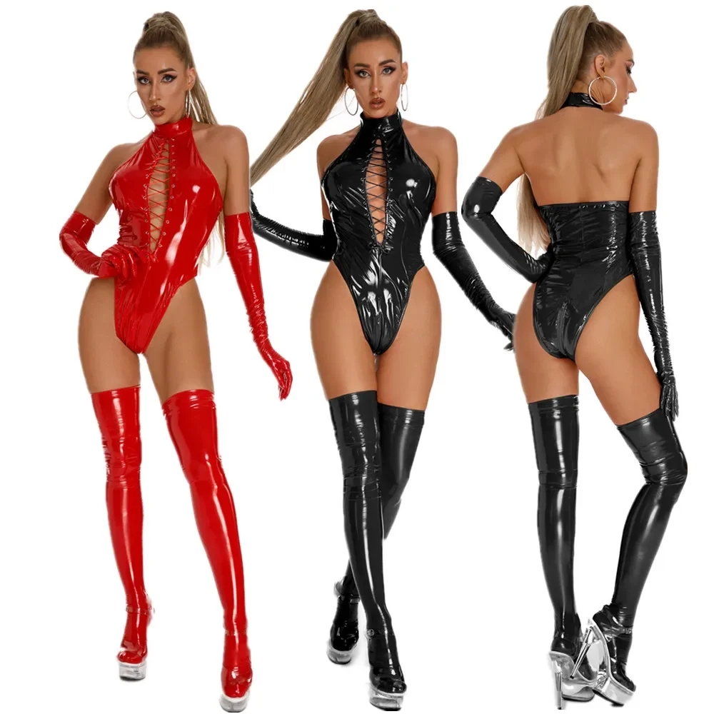 

Zipper Sexy Open Crotch Leather Bodysuit For Women Erotic Below Crotchless Catsuit Ladies Shiny Sheath Latex Bondage Leotard