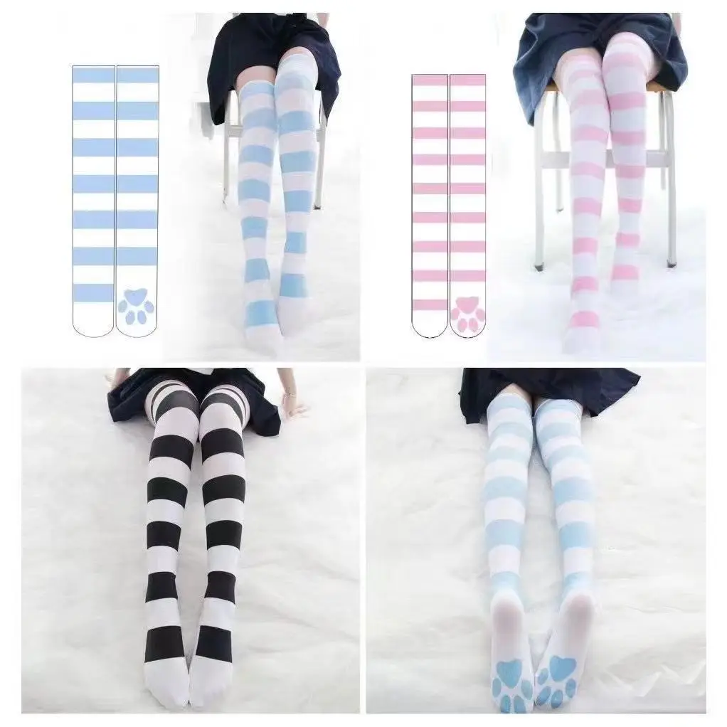 Japanese Cosplay Anime College Style Socks Kawaii Student High Tube Horizontal Striped Cat Paw  Long Tube Knee High Socks