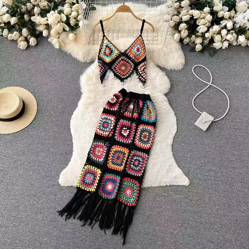 OUMEA Women Handmade Crochet Two Pieces Set Summer Beach Fringed Skirt Bohemian Multi Color Sexy Crochet Set