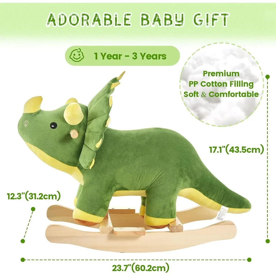 Dinosaur Baby Rocking Horse for Toddlers 1-3 Years, Mighty & Cute Green Plush Rocking Triceratops, Stuffed Ride-on Dinosaur Rock