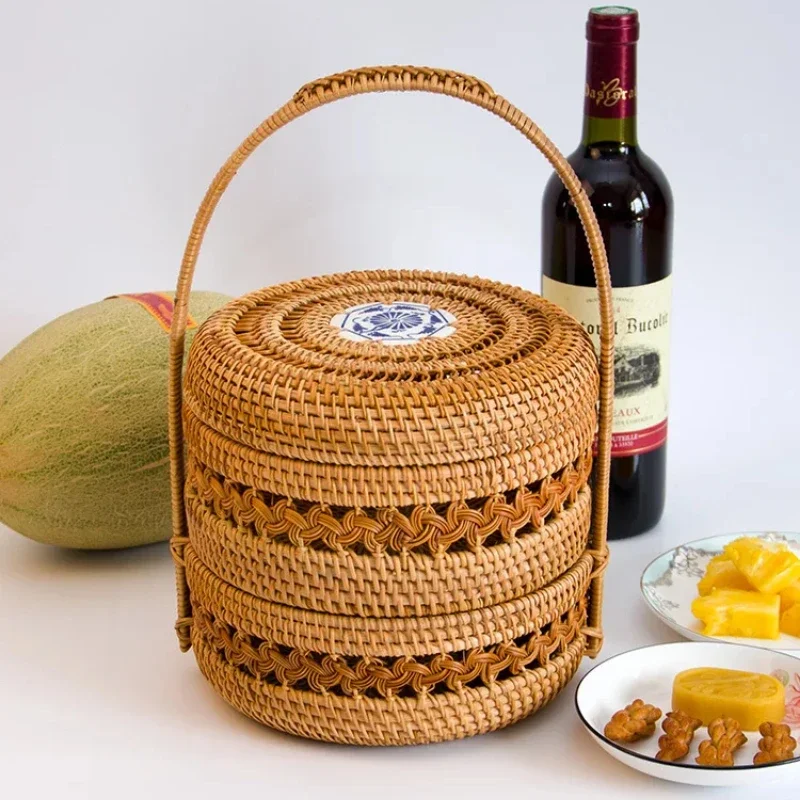 Handwoven Double-Layer Rattan Basket Portable Picnic Tray Cake & Bread Storage Fruit Lunch Box Container Outdoor Storage