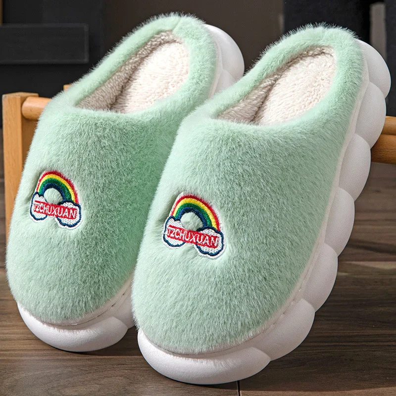 Casual Fluffy Slippers Women House Flats Winter Rainbow Designer Shoes Ladies Home Plush Warm Platform Elegant Footwear Big Size