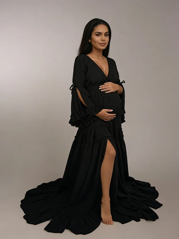 Black Maternity Photoshoot Dress Goth Christmas Clothing V Neck Stretch Waist Medieval Masquerade Dress For Pregnancy Photo Prop