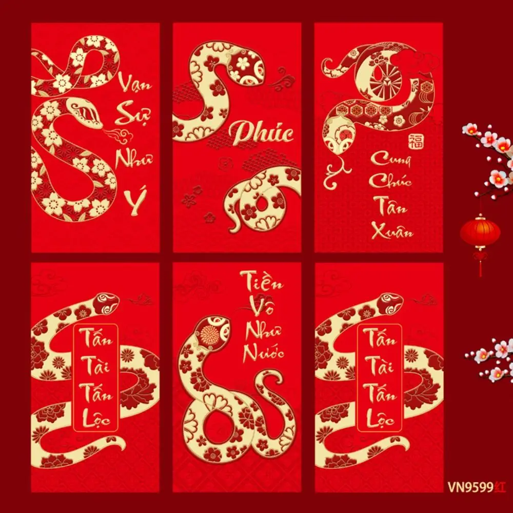 6PCS Vietnam 2025 New Year Red Envelope Blessing Spring Festival Snake Pattern Money Envelope HongBao Money Bags
