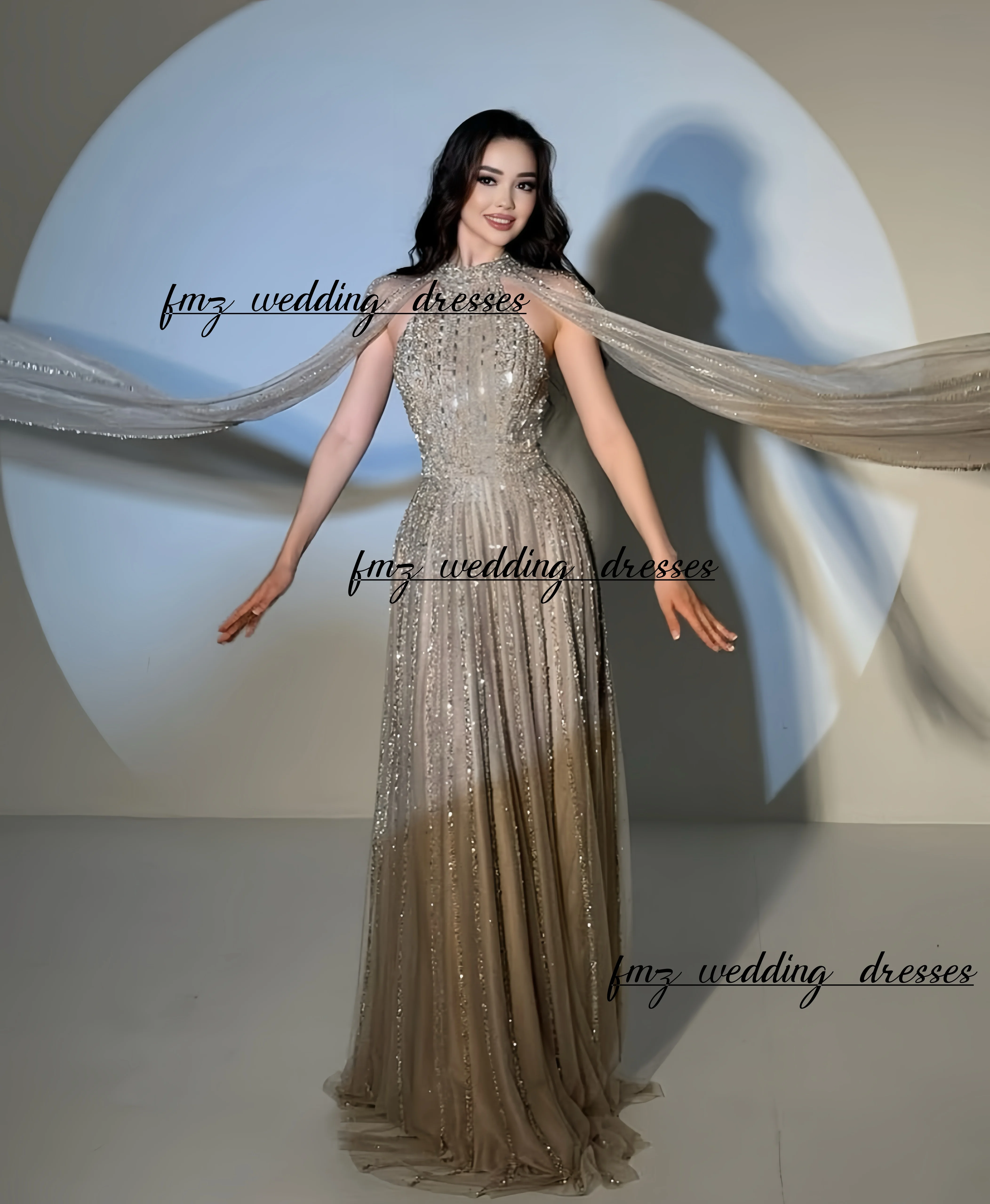 맞춤형 럭셔리 이브닝 드레스, 하이 넥 숄, 민소매 비즈, 우아한 파티 이브닝 ​​가운