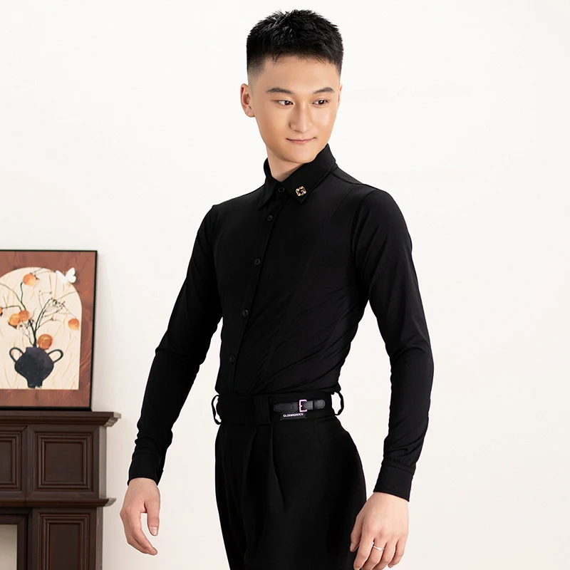 

Man Latin Dance Top Black Long Sleeve Shirt Ballroom Tango Performance Clothes Adult Rumba Cha Cha Training Dancewear Top 5597