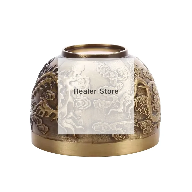 1PC Good Luck Phoenix Cylinder Ornament Traditional Hand Carved Brass Drinking Cup Pure Brass Brass Feng Shui Bowl Living Room