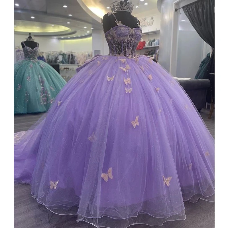 Real Image Purple Quinceanera Dresses With Big Bow Off Shoulder Sparkling Crystal Beads Bow Vestidos De 15 Anos Corset Back