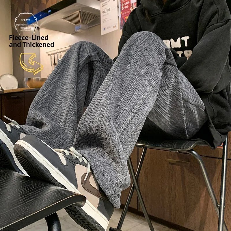 

Thiened Fce Men's Casual Pants Winter Warm Hip Hop Drape Loose Long Trousers Wheat Spike Pattern Comfortable Leisure Tro...