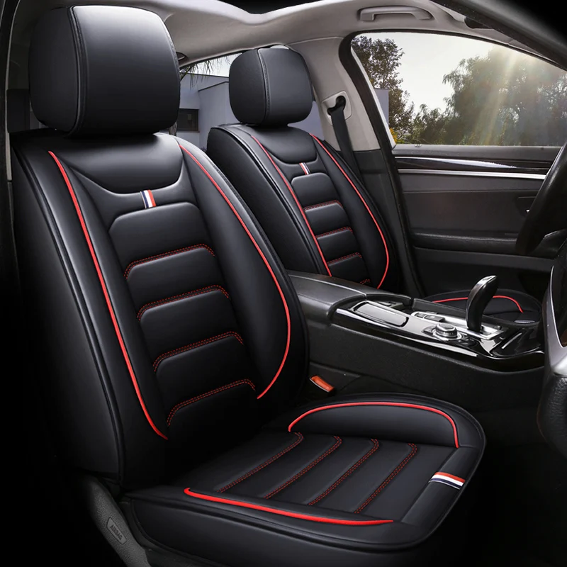 

Five-seat car seat covers with dual-tone trim, luxury leather upholstery, fits most vehicles